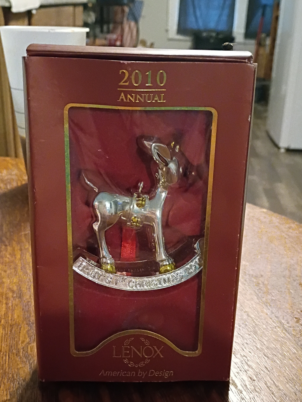 Lenox Silver Reindeer Ornament with Red Ribbon